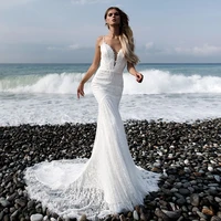 elegant v neck lace mermai wedding dress 2021 cpurt train applique spaghetti straps backless bridal gowns