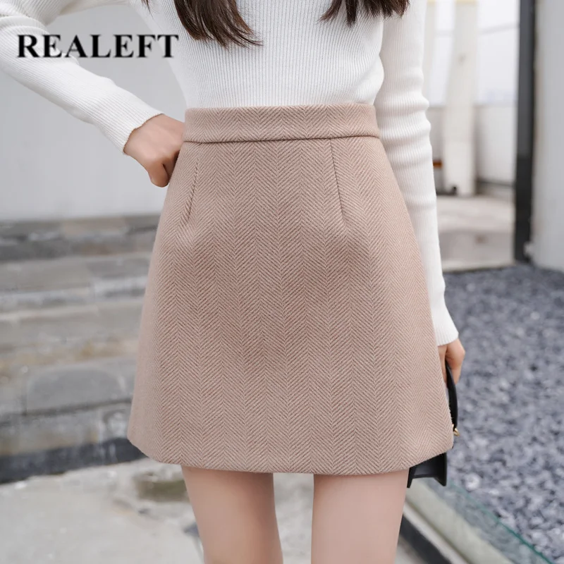 REALEFT New Arrival Autumn Winter Women Casual Mini Skirts High Waist Warm Woolen A-Line Sexy Short Skirts Female
