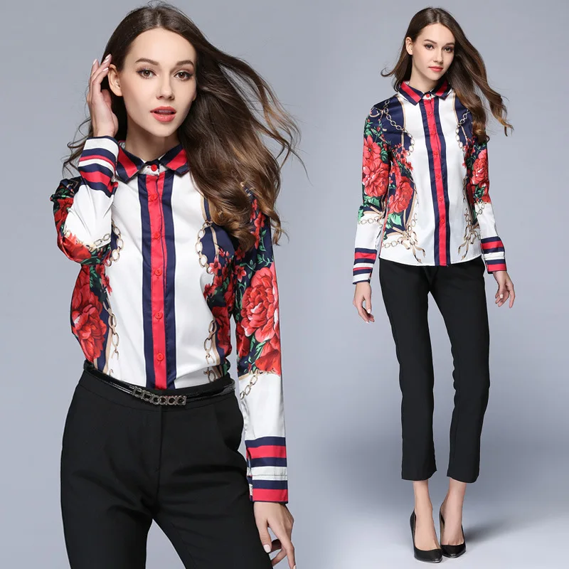 

New women's temperament and all-match printed shirt lapel