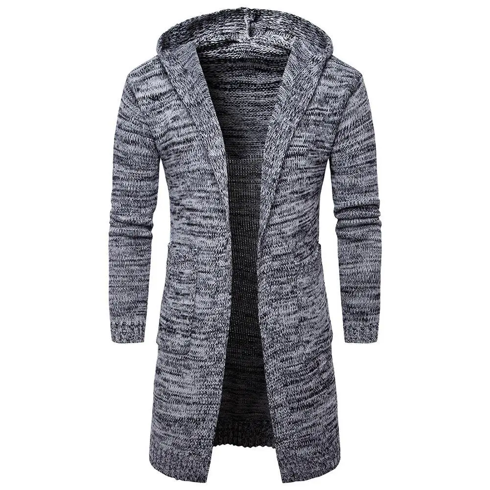 

Blends Casual Men Solid Color Long Sleeve Pockets Thick Knitted Cardigan Hooded Coat