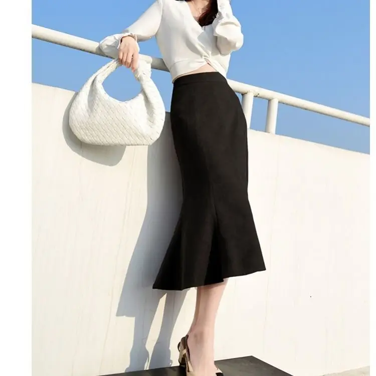 

Women 2021 Autumn Winter Chic Ruffles Slim High Waist Mermaid Skirts Female Wild Solid Wrap Hip Trumpet Skirt Casual Faldas A498