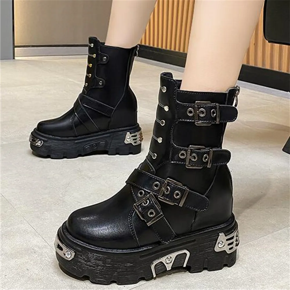 

2022 Newest Height Increasing Ankle Boots Women Chunky Fashion Platform Shoes Female Back Zip Metal Buckle Sneakers Botas Mujer