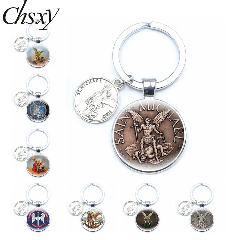 

Archangel St.Michael Keychain Protect Me Saint Shield Angel Protection Keyring Glass Cabochon Orhodox Amulet Christian Jewelry