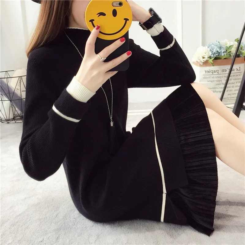 

Autumn Solid Stitching Design Women's Knit Dress Korean Style Long Sleeve Knee-length Dresses