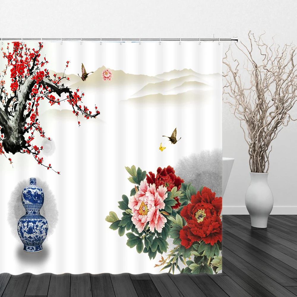 

Коврик для ванной, из наборы занавесок полиэстера, водостойкий, с цветами пиона, лотоса, рыбы, птицы, бабочки, для ванной, дома