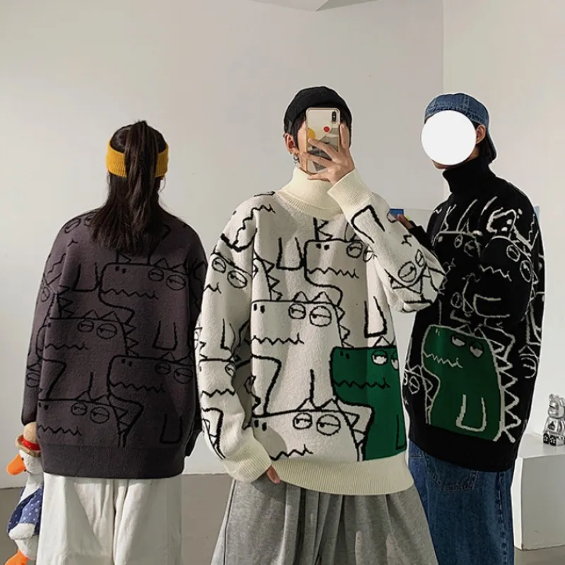 

Thickening Knitting Turtleneck Men Print Animal Drop-Shoulder Long-Sleeve Loose Tops Korean Lazy Wind Male Autumn Winter Sweater