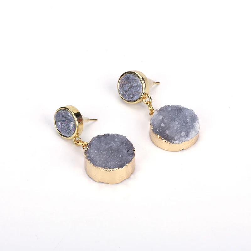 

2 PCS Natural Grey Druzy Semi Precious Stone Pure Color Frame Gold Pendant Charm Studs Top Dangle Earrings For Women Gift