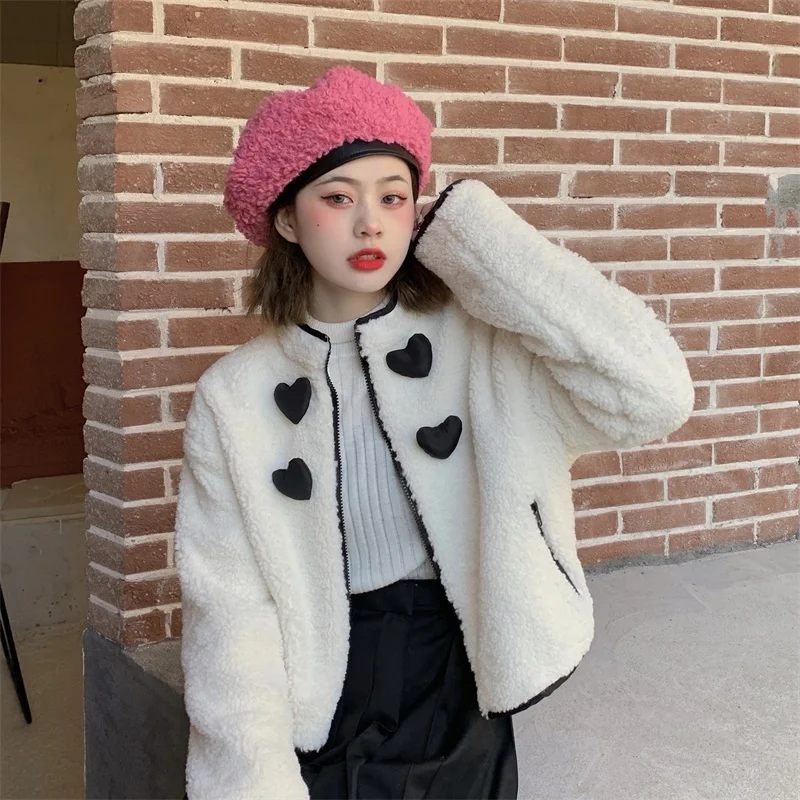 

2021 New Lamb Wool Love Sweet Cool Short Jacket Casual Retro Hong Kong Flavor Fried Street Small Winter Women'S Clothing Trend