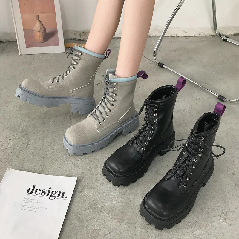 Lucyever Women Vintage Square Toe Platform Ankle Boots Thick Sole Autumn Winter Shoes Woman Gray PU Leather Military Botas Mujer | Обувь