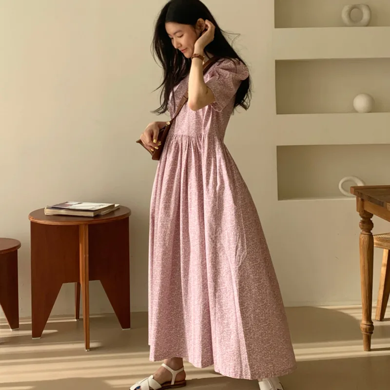 

[EWQ] Women Black Print Pleated Dress New Round Neck Short Puff Sleeve Loose Fit Fashion Casual Tide Spring Summer 2021 16F0790