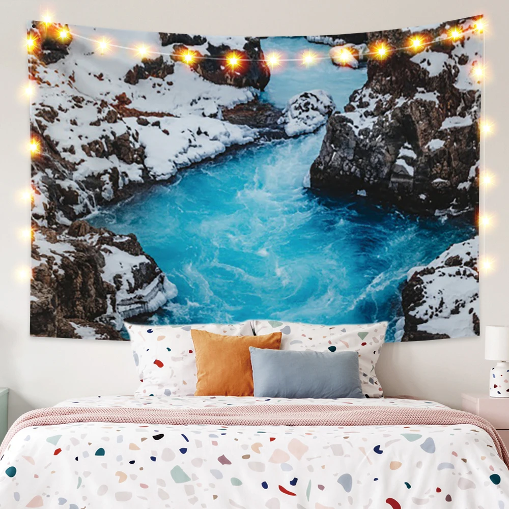 

Laeacco Glacial River Tapestry Snow Mountain View Printed Blanket Modern Wall Hangings Living Room Bedroom Home Decor Polyester
