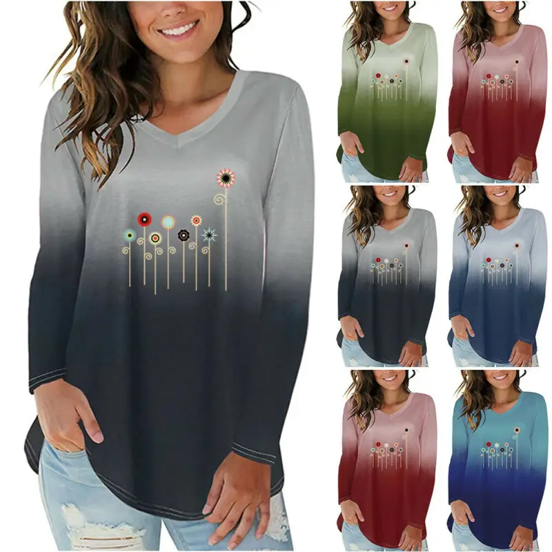 

Womens Casual Long Sleeve Baggy Gradient Print T-Shirt Tops Sweatshirt Blouse