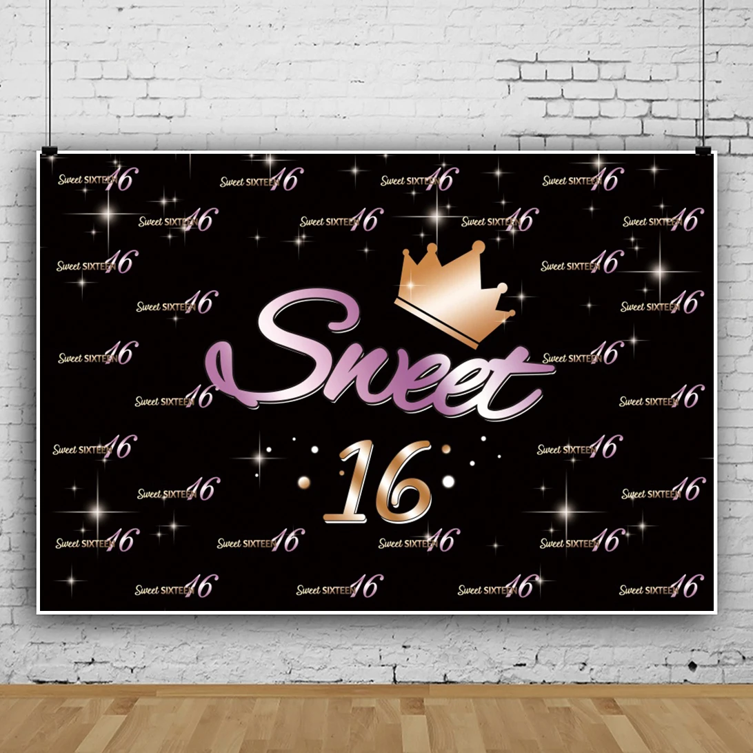 

Laeacco Happy Sweet 16th Birthday Party Gold Crown Background Girl Portrait Personalized Poster Photography Backdrop Photostudio