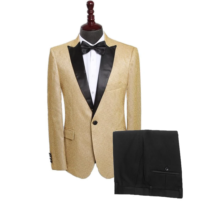 

Classic Men 3 Pieces Set Peaked Lapel Shiny Suits Gold Wedding Groom Banquet Slim Fit Tuxedo Party Costume Homme Singers Suit