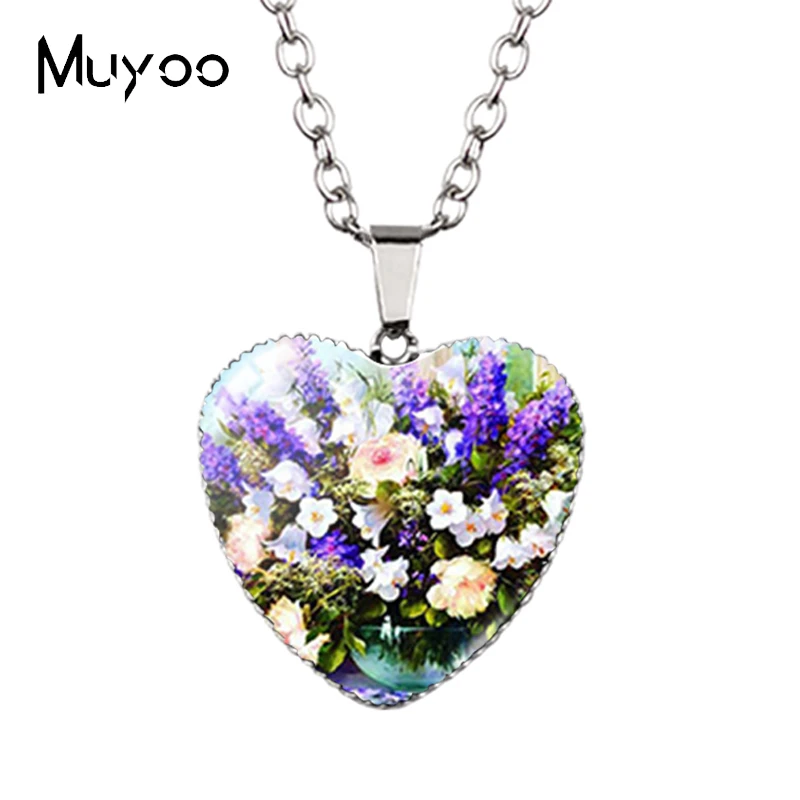 New Arrival Rose Sunflower Orchid Flower Vase Oil Paintings Heart Jewelry Pendants Handmade Necklace Hz3 | Украшения и аксессуары