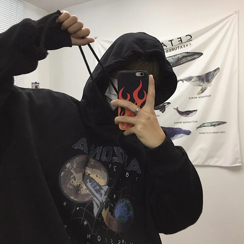 

Winter New Style Korean Retro Old Planet Print Plus Fleece Hooded Sweater for Men and Women Trendy Couples