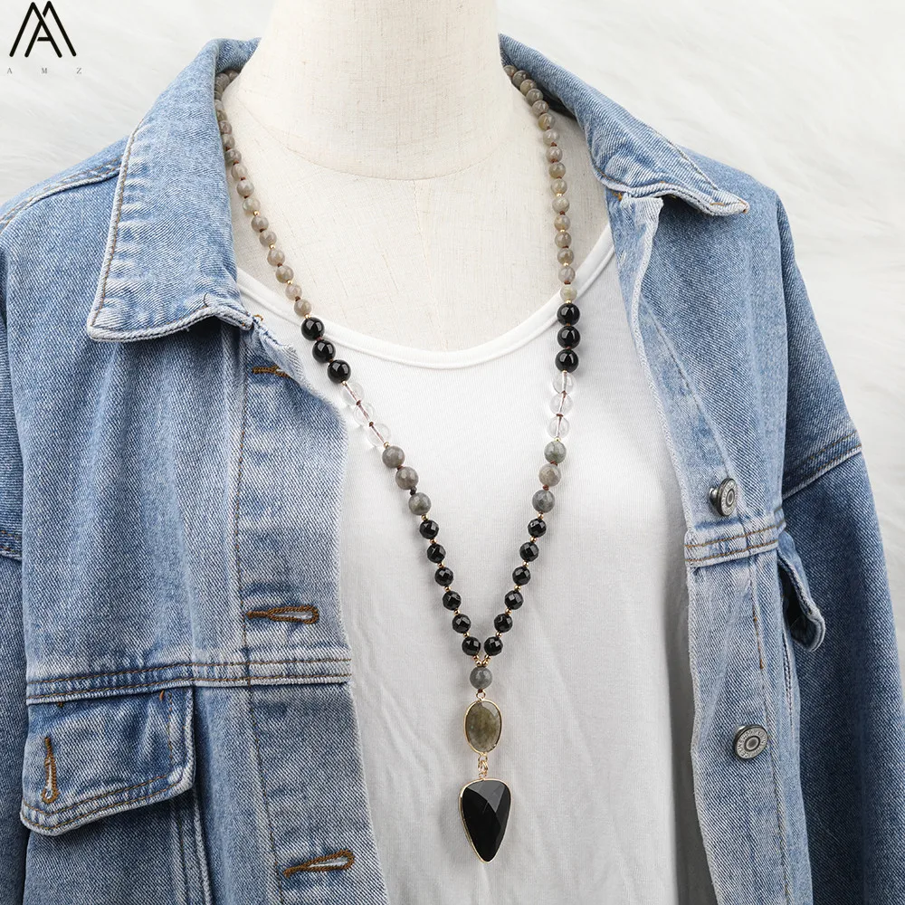 

Natural Black Agates Stone Labradorite Stone Pendant Round Agates Crystal Beads Handmade Knot Necklace Long 32 Inch N0539AMFB