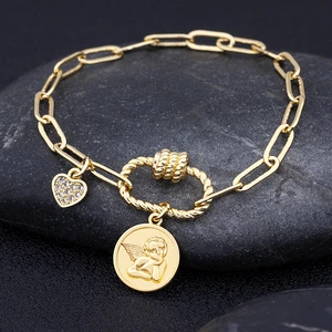 AIBEF New Arrival Angel Heart Crystal Pendant Lock Link Chain Adjustable Bracelet Women Couple Gold Color Bangle Jewelry Gift