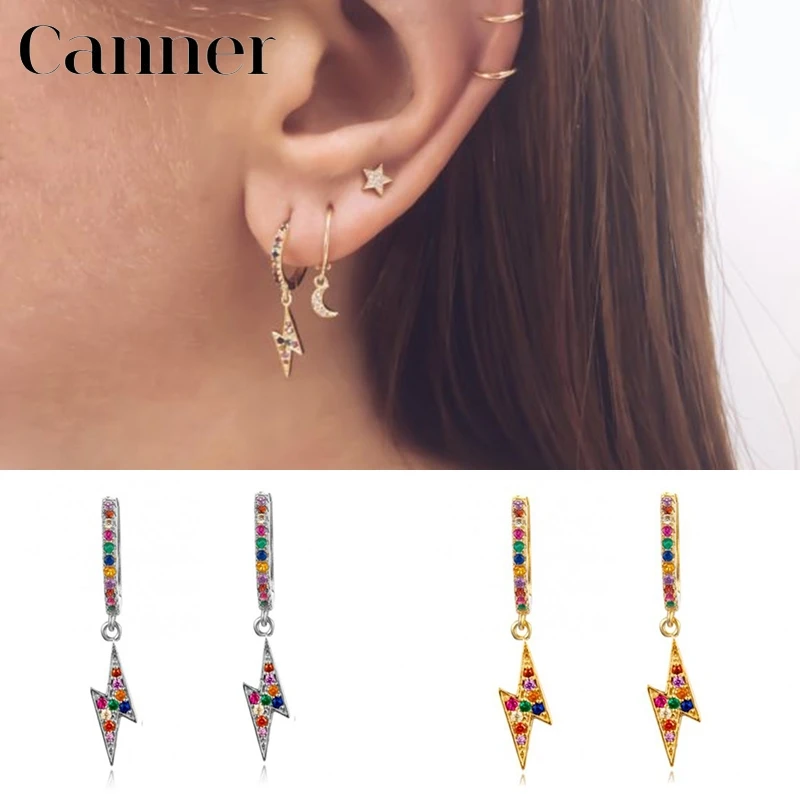 

925 Sterling Silver Small Hoop Earrings for Women Rainbow Zircon Gold Silver color Lightning Circle Earrings Fashion Jewelry