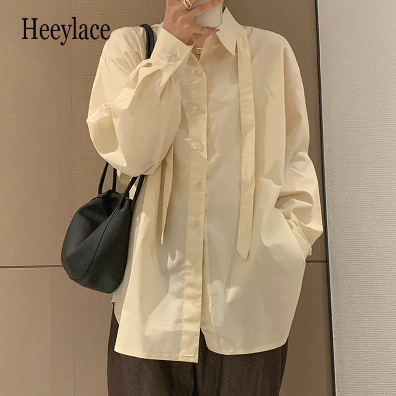 

Women Blouses Shirts 2021 New Spring Autumn Buttons Lace Up Vintage Elegant Korean Solid Oversize Office Wild Tops Female