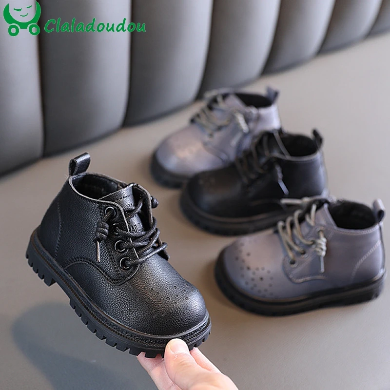 

13.5-19cm Toddler Girls Boys Martin Boots,Light Blue Black Lace-up Kids Fashion Boots With Velvet For Eearly Winter