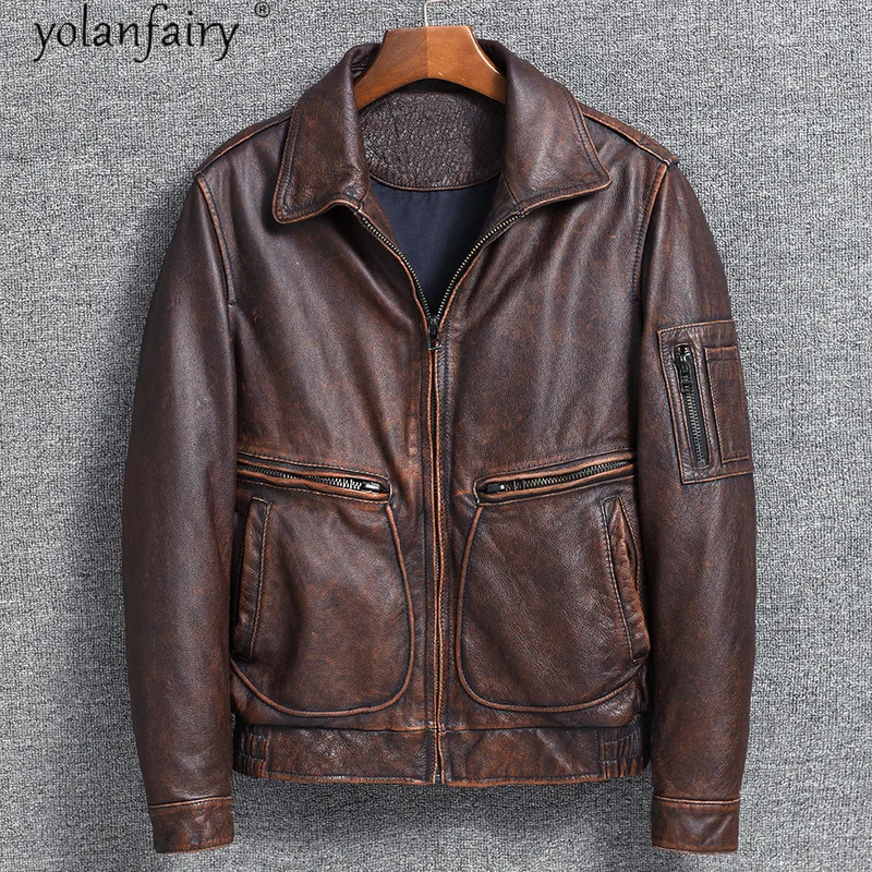 

Men's Leather Jacket Vintage Real Genuine Cow Leather Jacket Men Spring Autumn Motorcycle Biker Coat Chaqueta Cuero Hombre J7161