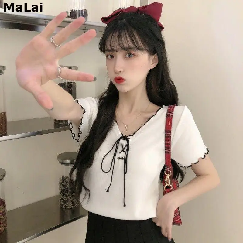 

Kawaii Woman TShirts Short Sleeve 2021 Women's Summer V-Neck Lace Up Knitted Top T-Shirt Crop Top Mujer Camisetas