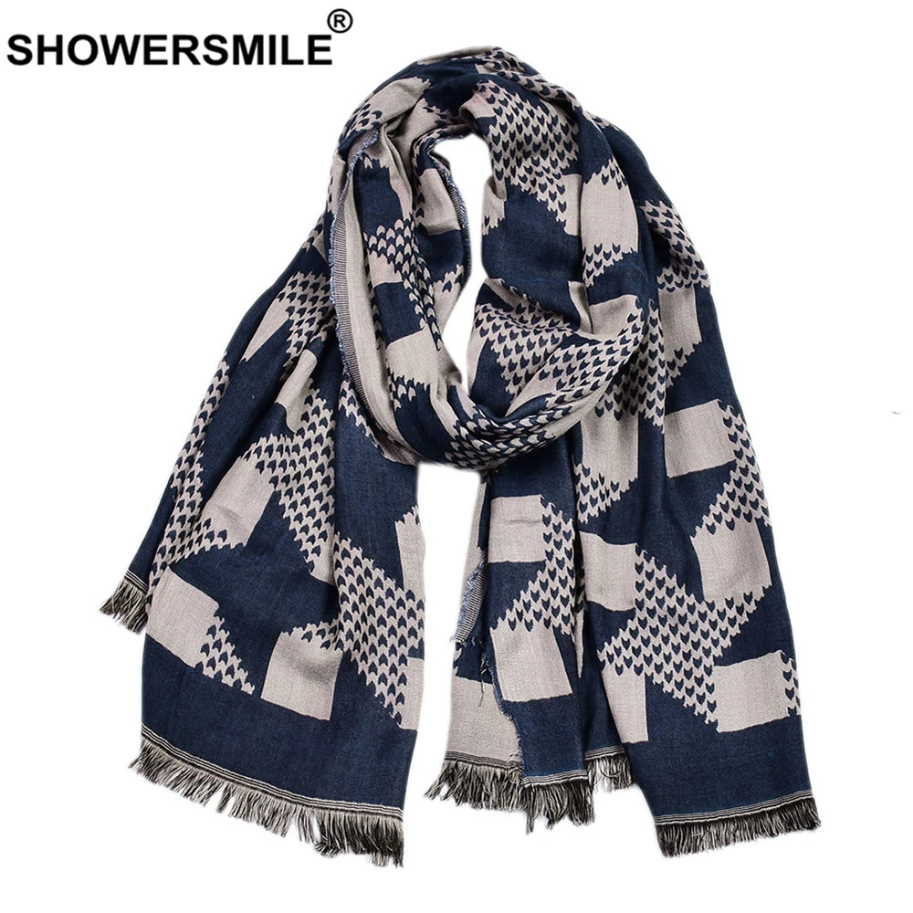 SHOWERSMILE, зимний мужской шарф, черный, хлопок, лен, модный шарф для мужчин, кисточка, геометрический принт,, Новое поступление, Брендовые мужские шарфы