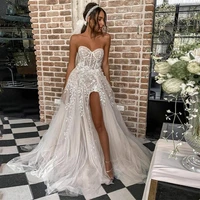 sexy bohemian wedding dresses strapless sleeveless lace appliques backless side split sweep train a line beach bridal gowns