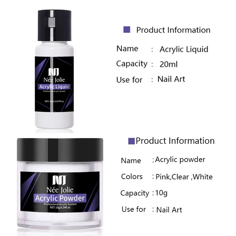 

3Colors Nail Acrylic Powder Liquid Set Gel Nail Polish Nails Extension Acrylic Liquid Crystal Art kit Decoration Manicure Tools