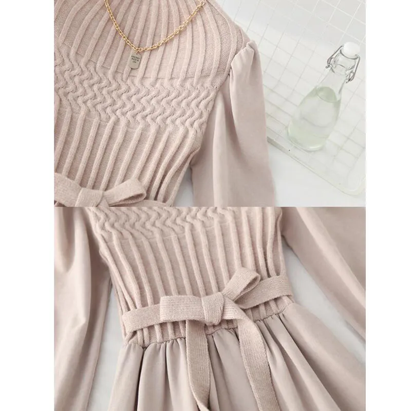 

Splice Knit Dresses Autumn Vintage Corduroy Dress 2021 Elegant Solid Women Dress Fashion Korean Half high collar Puff Sleeve