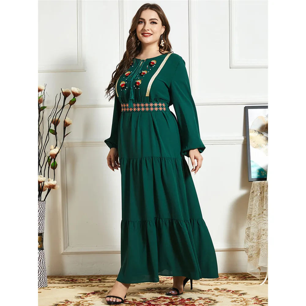

2021 Spring Autumn Muslim Women Long Dress Embroidery Abaya Turkish Kaftan Ethnic Vintage Party Maxi Robe Plus Size Ramadan New
