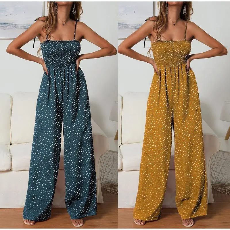 

2021 Summer New Women's Polka Dot High Waist Jumpsuit Bohemian Yellow Spaghetti Strap Wide Leg Pants One Piece