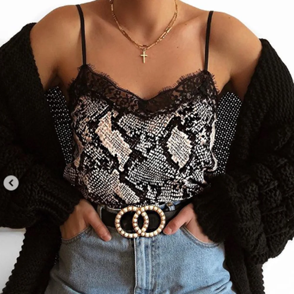 

New Fashion Sexy Womens Summer Camis Tops Lace Leopard v-neck Snake Skin Pattern Patchwork Female Crop Top Tank Tops Clubwear