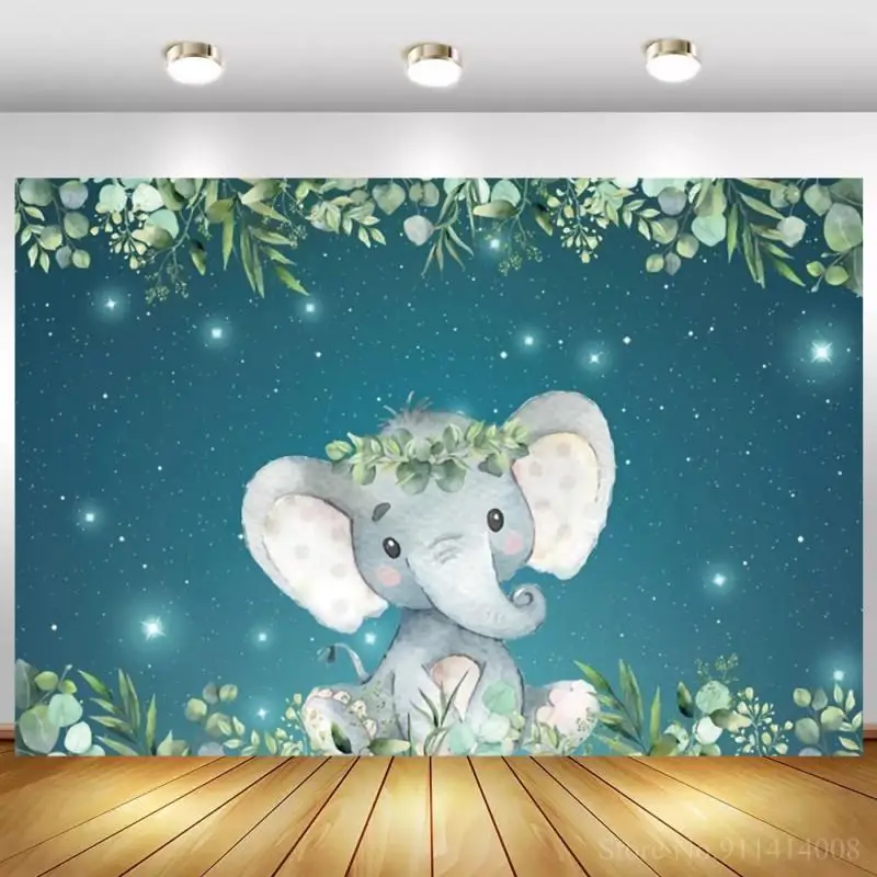 

Green Leaves Night Sky Cartoon Elephant Photography Background Newborn Baby Shower Kids 1st Birthday Party Poster Backdrops