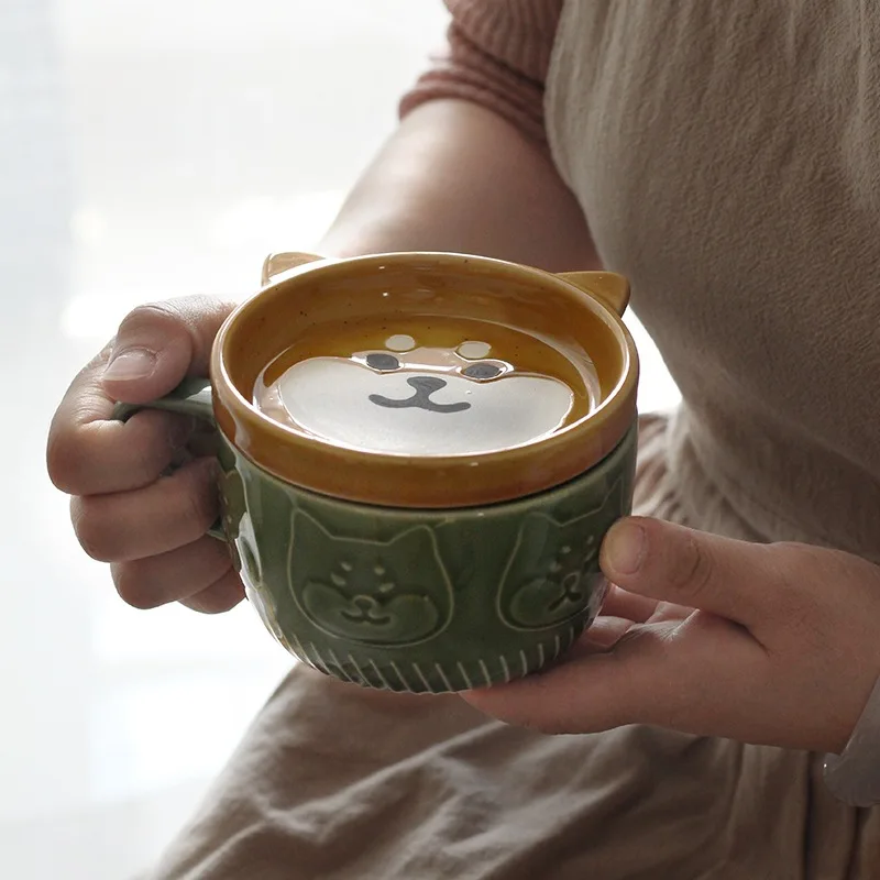 

Shiba Inu Panda Mug Ceramic Cup with Lid Japanese Style Water Cup Coffee Breakfast Milk Couple Home Kitchen Drinkware