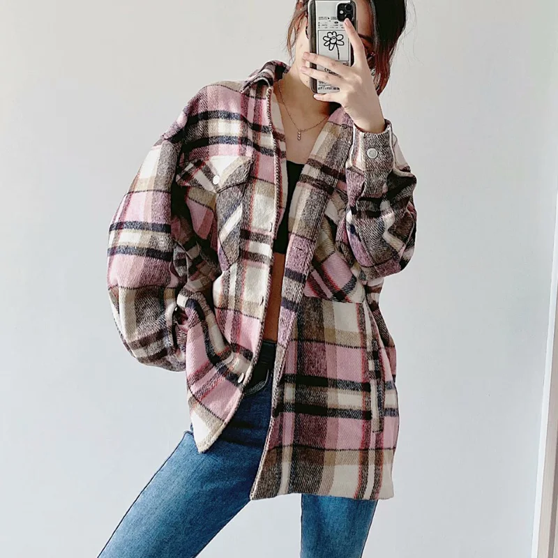 KUMSVAG 2020 Женская Осенняя клетчатая рубашка куртки пальто свободного покроя с