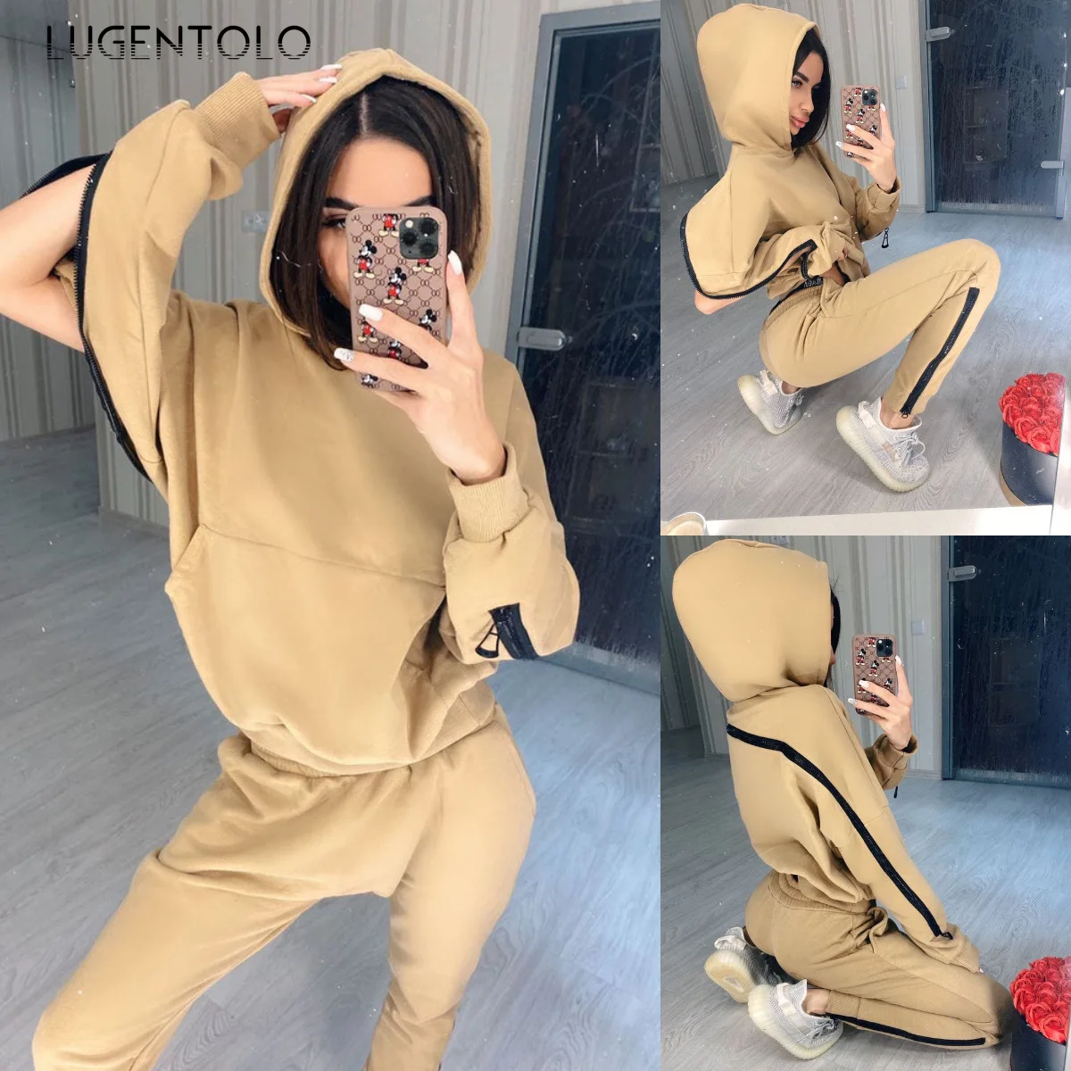 

Женский комплект из двух предметов Lugentolo, однотонный топ с капюшоном и длинным рукавом, новые женские модные сексуальные спортивные весенне...