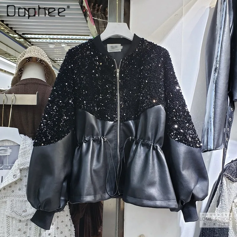 

Куртка женская с вышивкой и блестками, модный пиджак свободного покроя в европейском стиле, с прошитыми кожаными вставками, с кулиской на та...