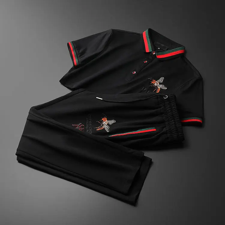 

Summer Casual Suit Men's Embroidered Nine-point Pants Short-sleeved Lapel Polo Shirt Sports Two-piece Suit