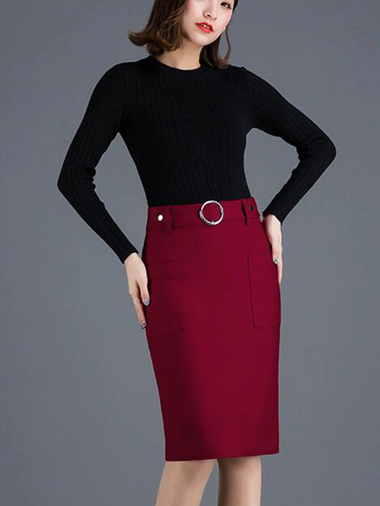 

2020 Spring New Arrival Button Ladies Skirts High-waist Back-split Office Skirts Womens With Pockets & Metal Ring Free Shipping
