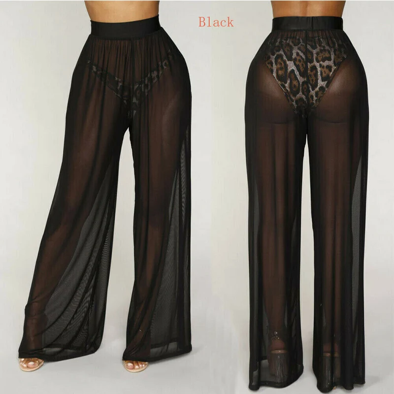 

Women Sexy Fashion High Waist Translucent Solid Color Wide-Leg See Through Sheer Mesh Lace Long Pants Swimsuit Bikini Cover Up
