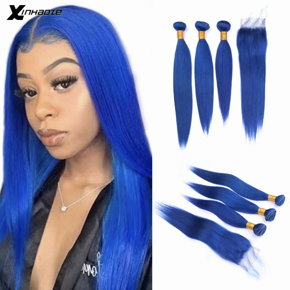 Предварительно окрашенные пряди с закрытием бразильские прямые Голубые 13*4