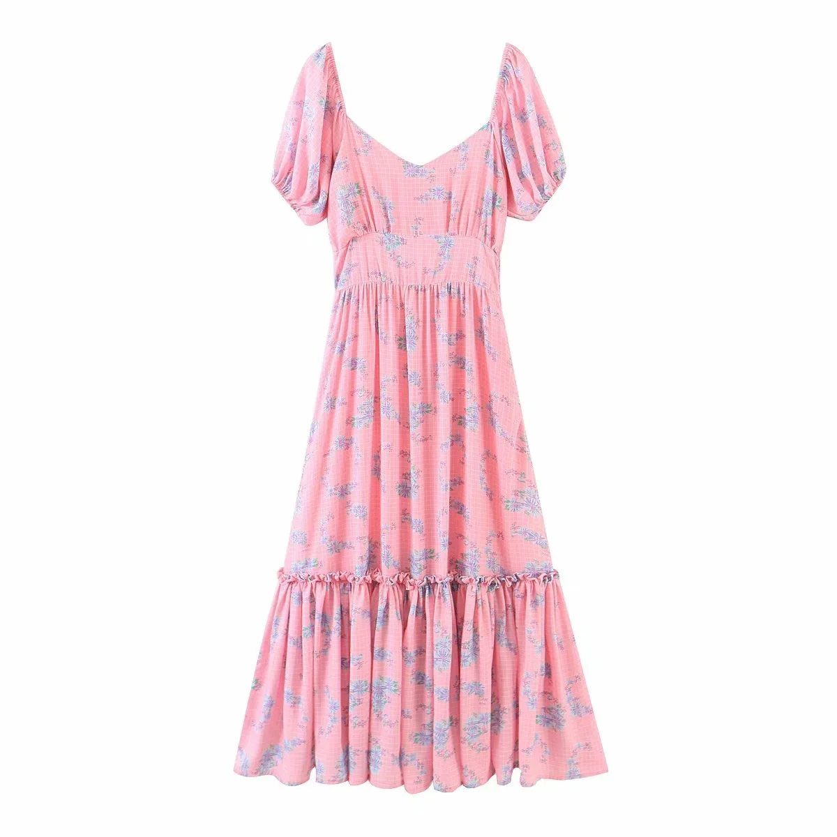 

Foreign Trade 2021 European and American Summer New Pink Check Flower Printed Bubble Sleeve Dress Dress Dlqz870