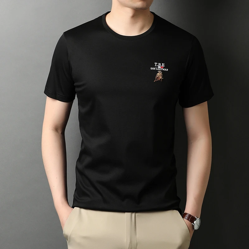 

High-end summer short-sleeved T-shirt men's ice silk round neck cotton T trend embroidery clothes on half sleeves