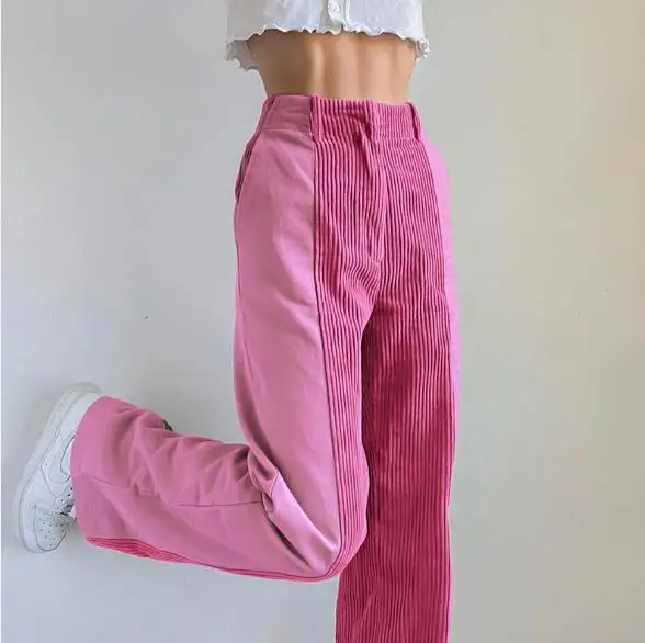 

2021 Women's Pants High Waist Gradient Blue Pants Wide Leg Corduroy Long Denim Jeans Zipper Pocket Casual Pants
