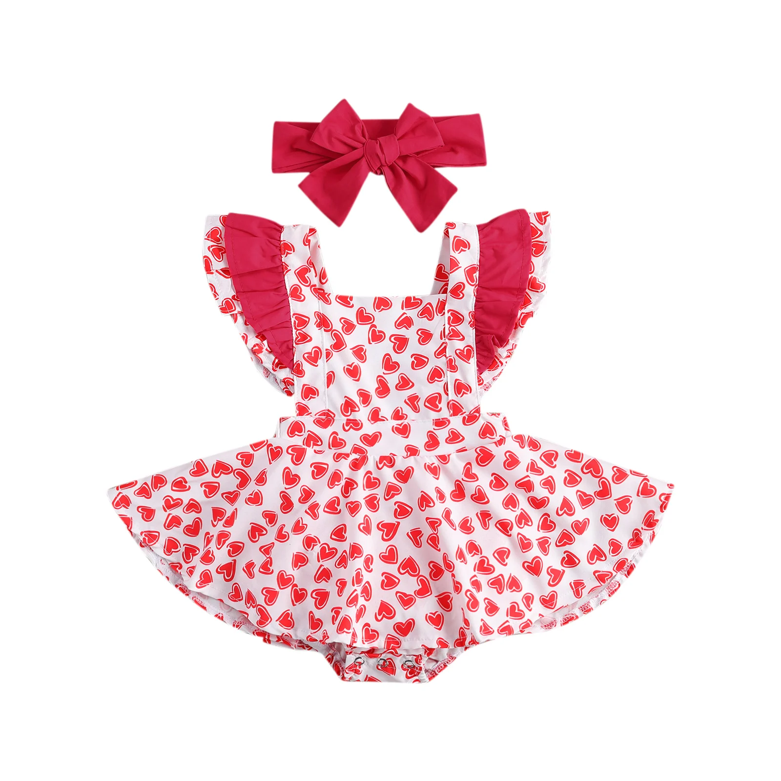 

Valentine's Day Lovely Infant Baby Girls Bodysuits Headband Love Heart Print Ruffles Short Sleeve Jumpsuits 2021 New