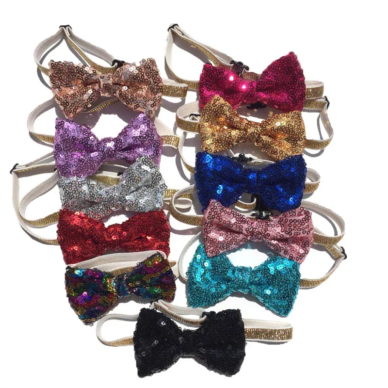 

Sequins Pet Bowknot Collars Cats Adjustable Strap Pets Accessories Bow Leash For Small Dog Rose Gold Color Safety Buckle Bow Tie