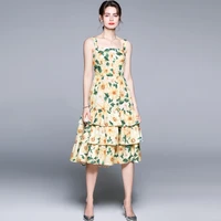 banulin 2021 summer fashion runway cotton dress women spaghetti strap cascading ruffles floral print holiday boho dresses