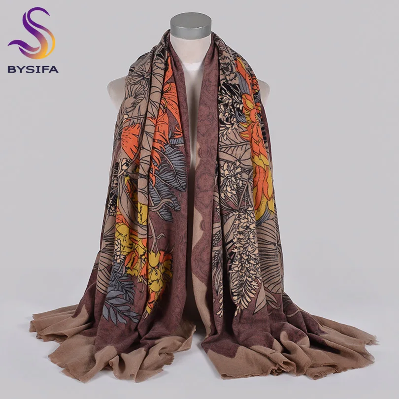 [BYSIFA] роскошный бренд, кофе, чистая шерсть, женские шарфы, пашмины, Осень-зима, хризантема, женский длинный шейный шарф, шаль 210*100 см - Цвет: dark coffee